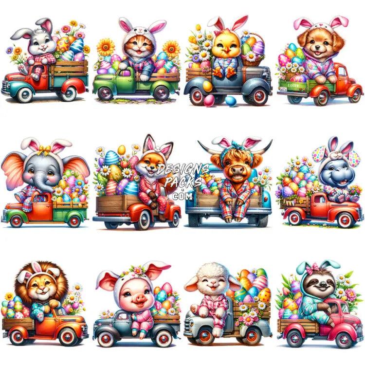 12 Animals Easter Truck Designs Bundle Png