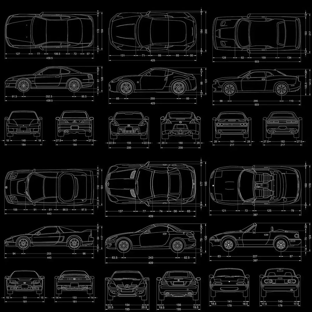 12 Cars Blueprints Designs Bundle PNG