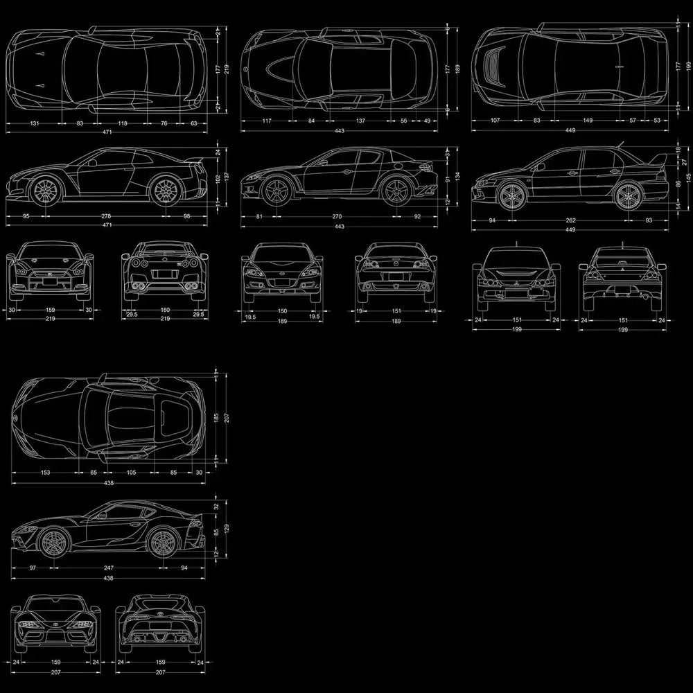12 Cars Blueprints Designs Bundle PNG