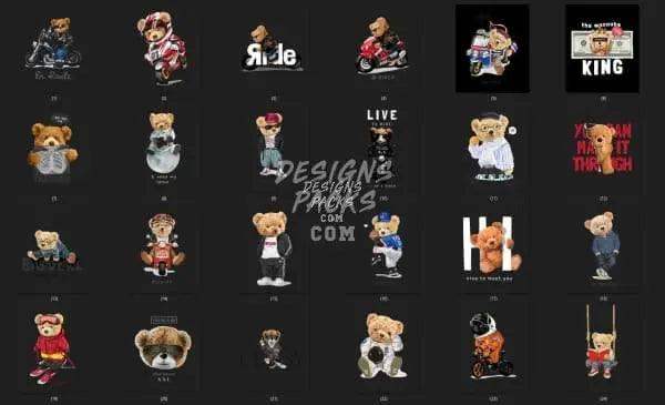 Print-ready teddy bear designs for DTF, DTG, embroidery, and tumbler wraps in PNG, PES, SVG formats.