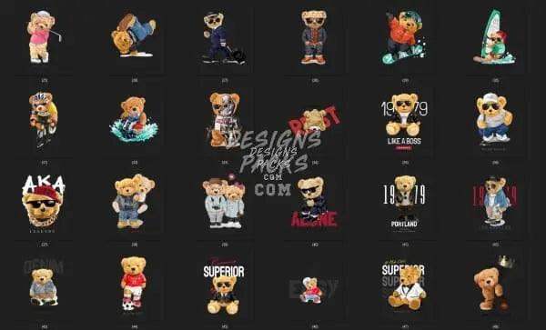 Print-ready teddy bear designs for DTF, DTG, embroidery, and tumbler wraps in PNG, PES, SVG formats.