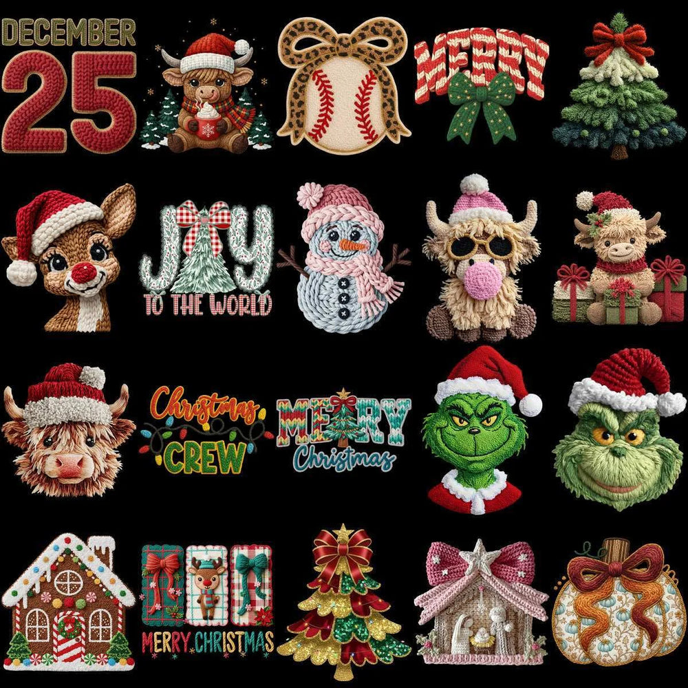 120 Cartoons CHRISTMAS Yarn Style Designs Bundle PNG