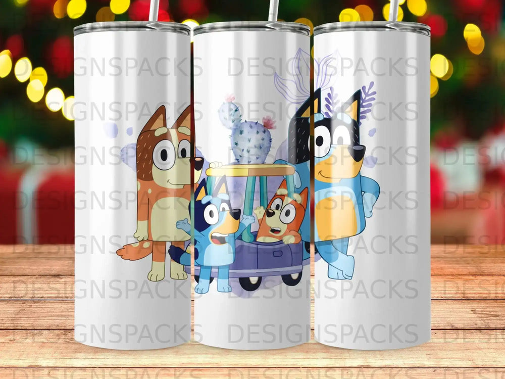 Bluey and Bingo characters on a white tumbler with a faint cactus.