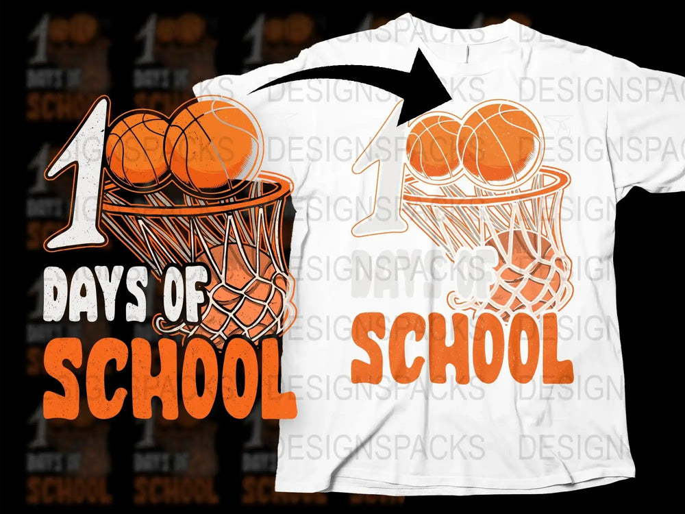 100 Days of School T-Shirt, Kids Basketball Celebration Tee, Orange Graphic Shirt for Students