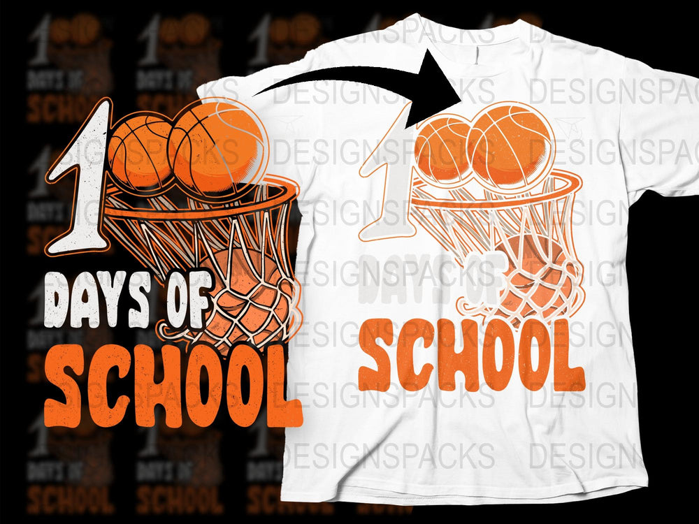 100 Days of School T-Shirt, Kids Basketball Celebration Tee, Orange Graphic Shirt for Students