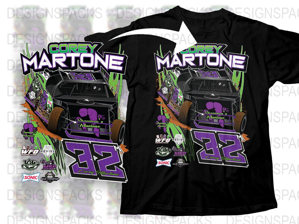 Corey Martone Racing T-Shirt, Number 32 Sports Car Graphic Tee, Purple and Black Motorsport Design