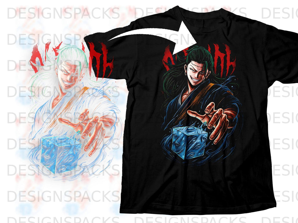 Black t-shirt with anime character and blue cube design.