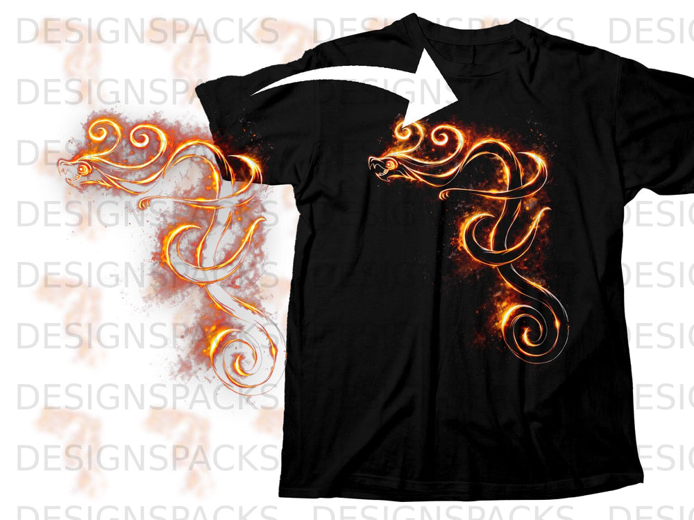 Black t-shirt with a glowing orange dragon design on the chest and sleeve.