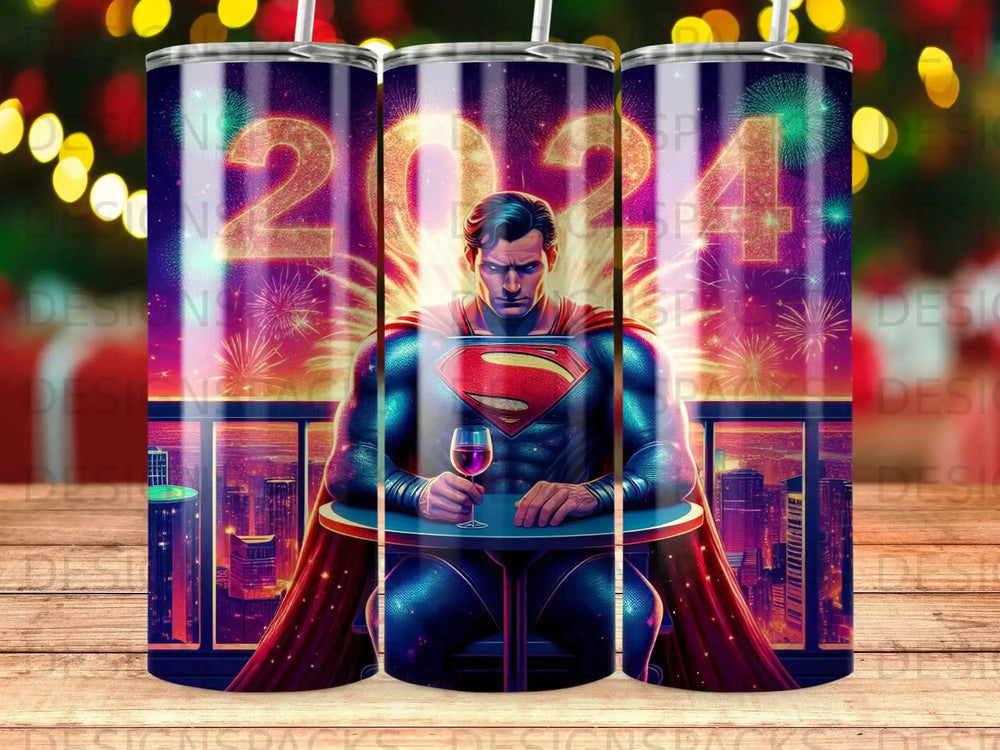 Superman sitting at a table with a drink, a city skyline behind him.