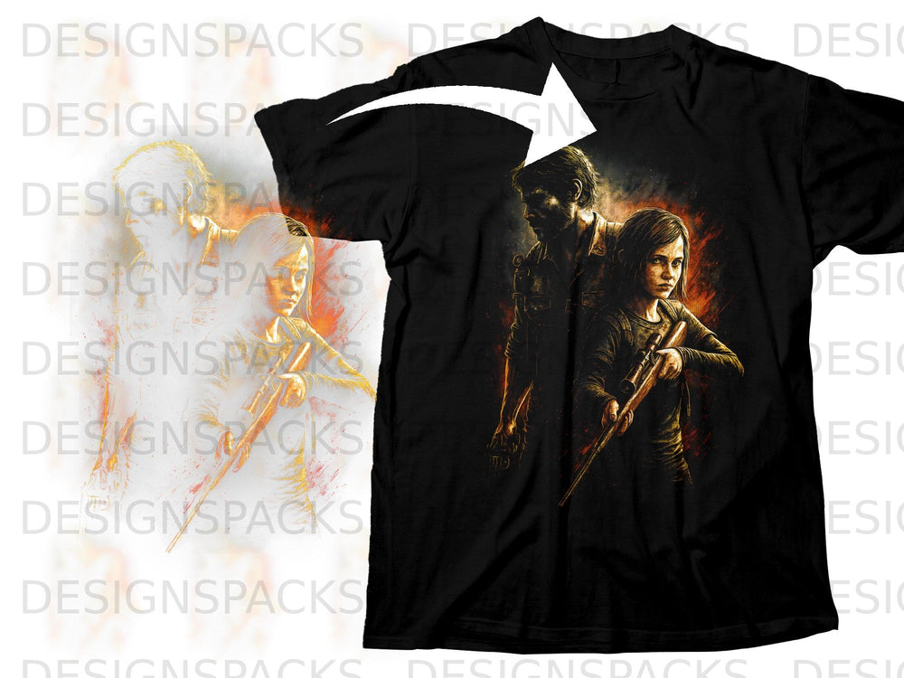 Black t-shirt with artwork of Joel and Ellie from The Last of Us.