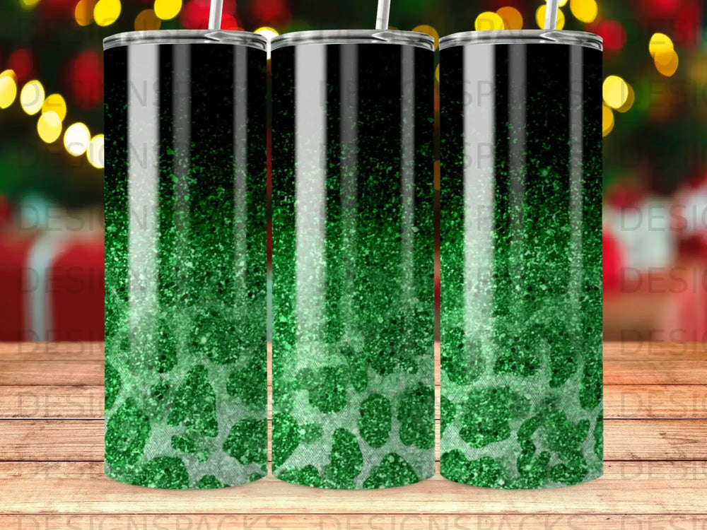 Green glitter tumbler with animal print pattern.