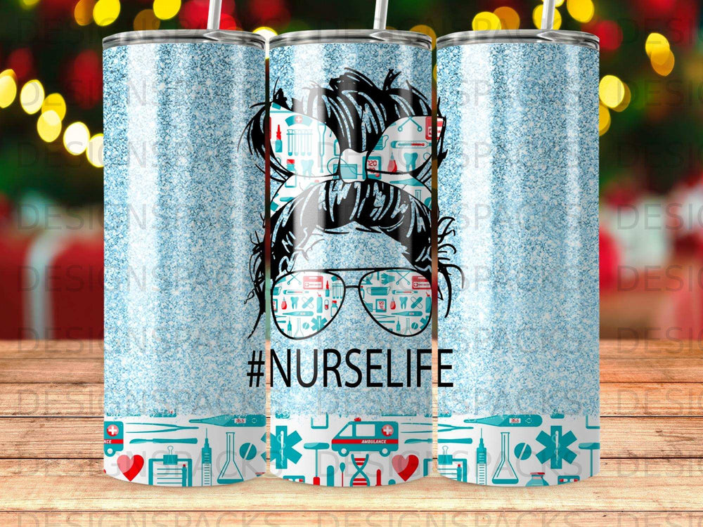 Blue glitter tumbler with #nurse life design and medical icons.