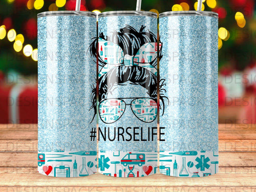 Blue glitter tumbler with #nurse life design and medical icons.