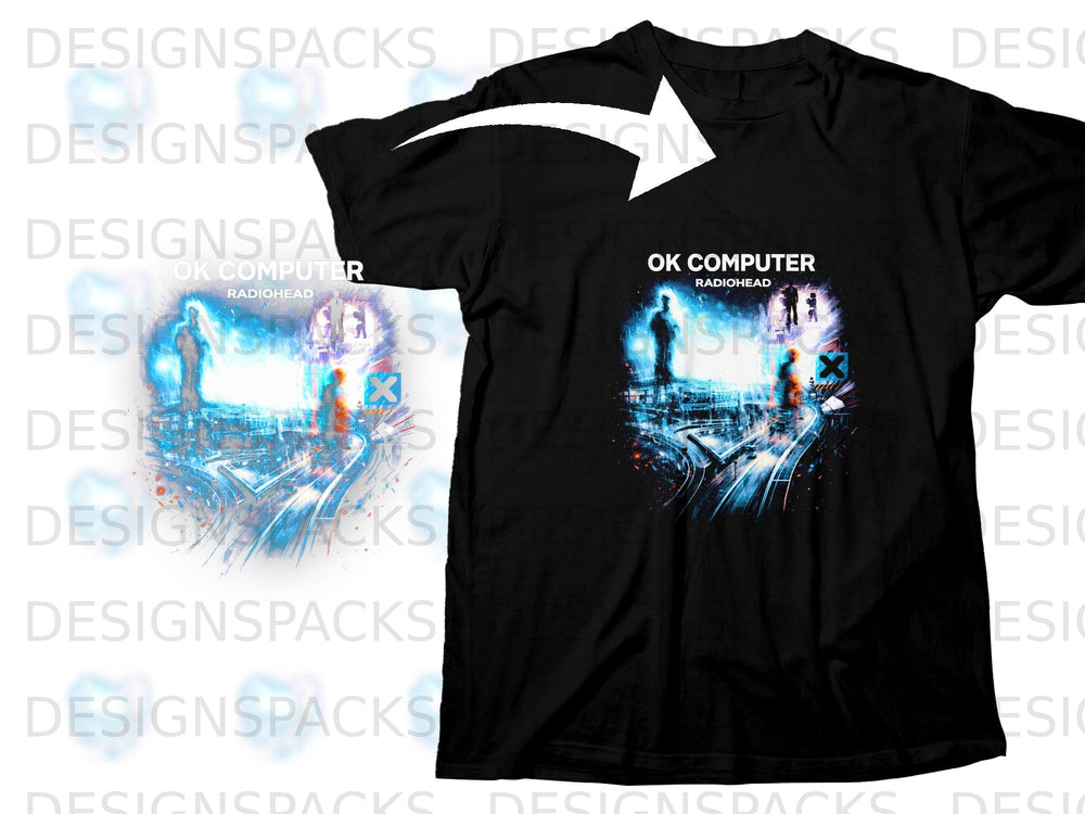 Black t-shirt with Radiohead's "OK Computer" album art featuring blue lights and figures.