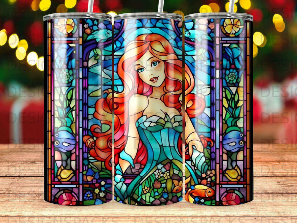 Stained glass tumbler design features a red-haired mermaid with colorful fish and floral accents.