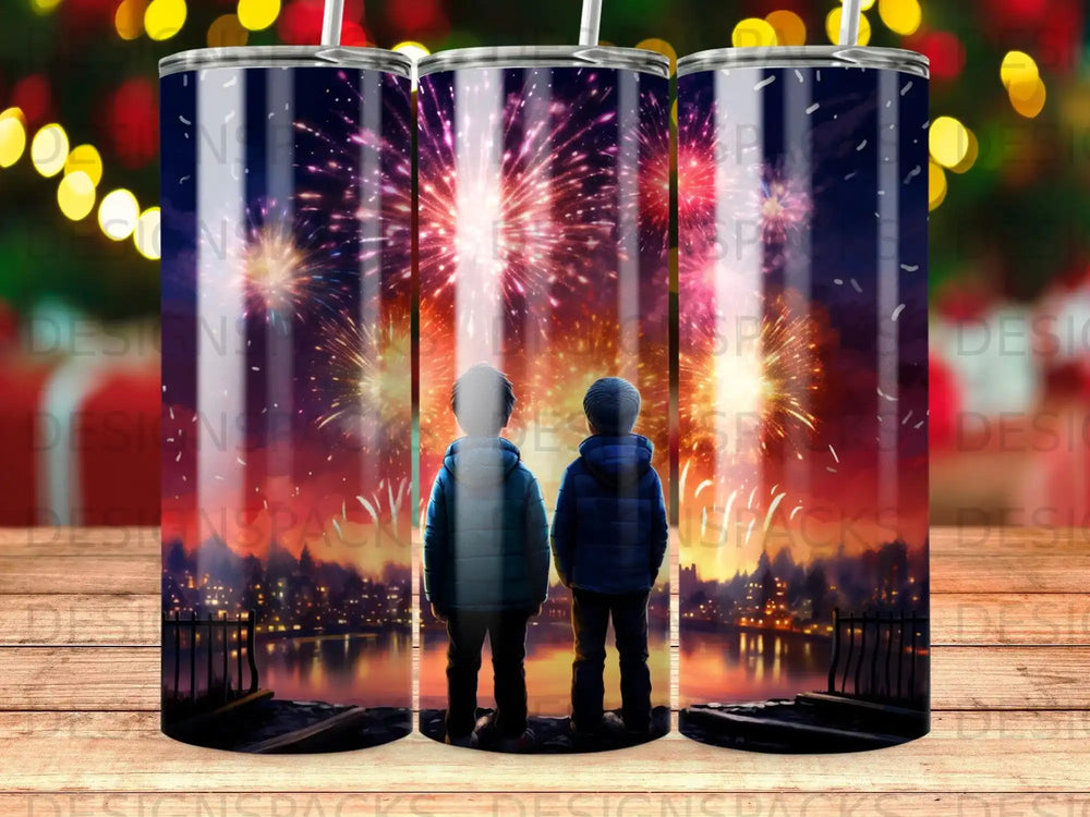 Two children watch fireworks over a city skyline and water.