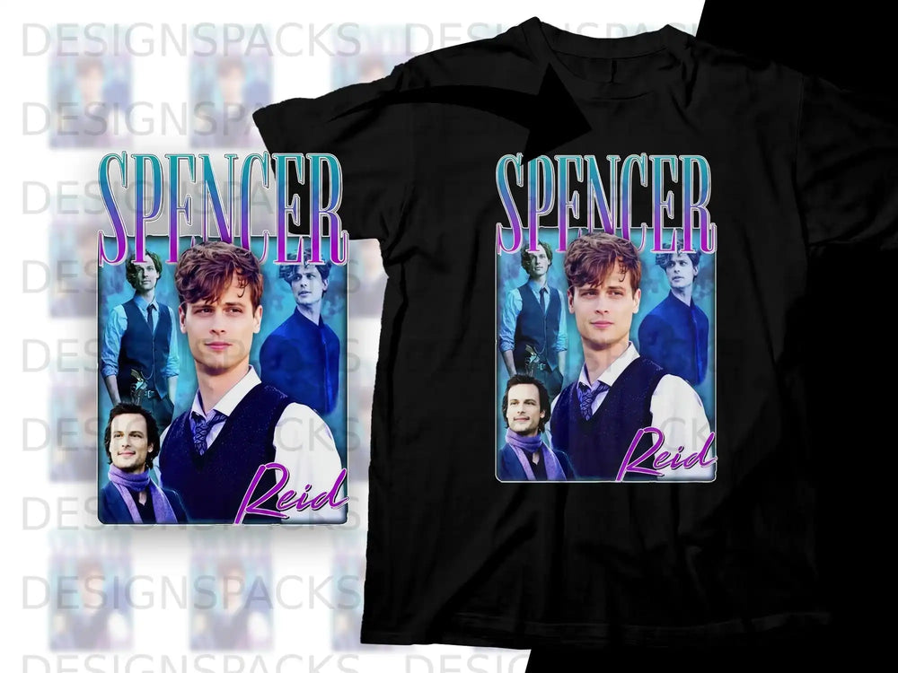 Black t-shirt with Spencer Reid graphic and logo.