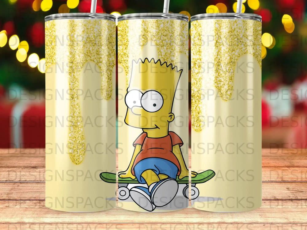 Cartoon character on a skateboard with glitter drip background.