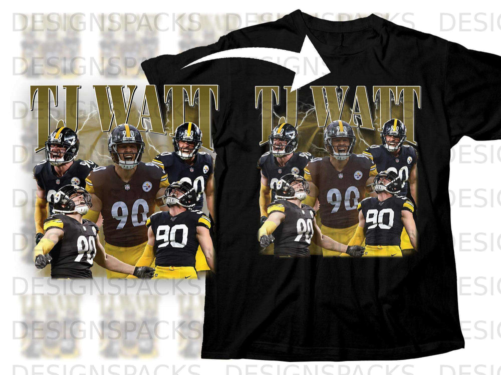 Black t-shirt with "T.J. WATT" and jersey numbers 90 and 20.