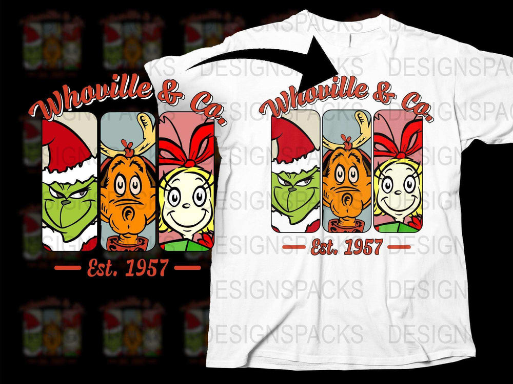 Whoville and Co Est. 1957 Dr. Seuss Inspired Christmas T-Shirt, Holiday Family Outfit, Cartoon Character Festive Tee