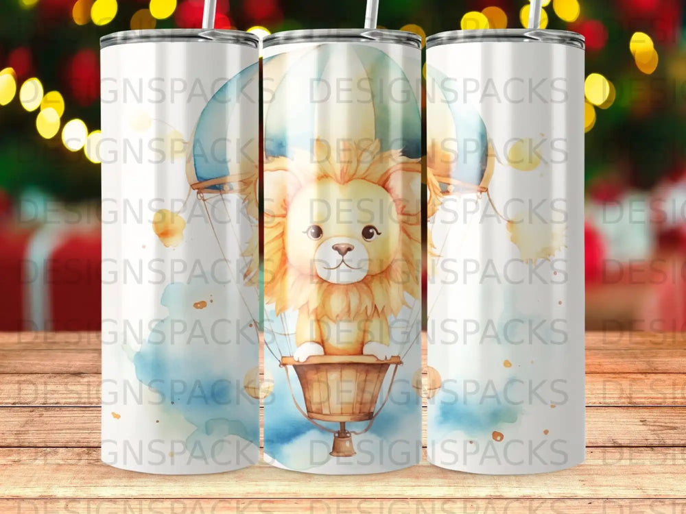 Lion cub in hot air balloon with watercolor background.