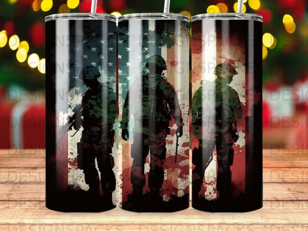 Three soldiers silhouetted against an American flag design.
