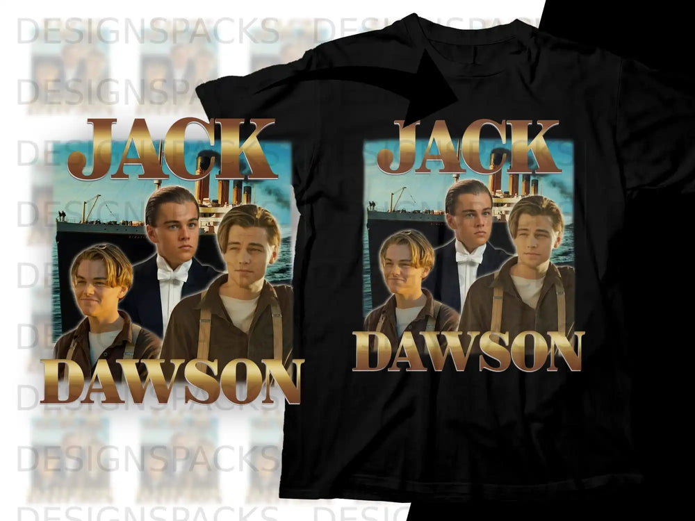 Jack Dawson from Titanic on a black t-shirt.