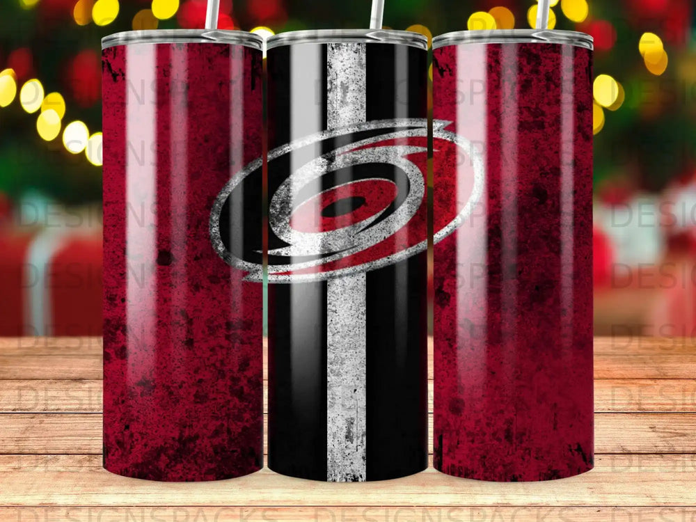 Three tumblers featuring the Carolina Hurricanes logo and black, white, and red design.