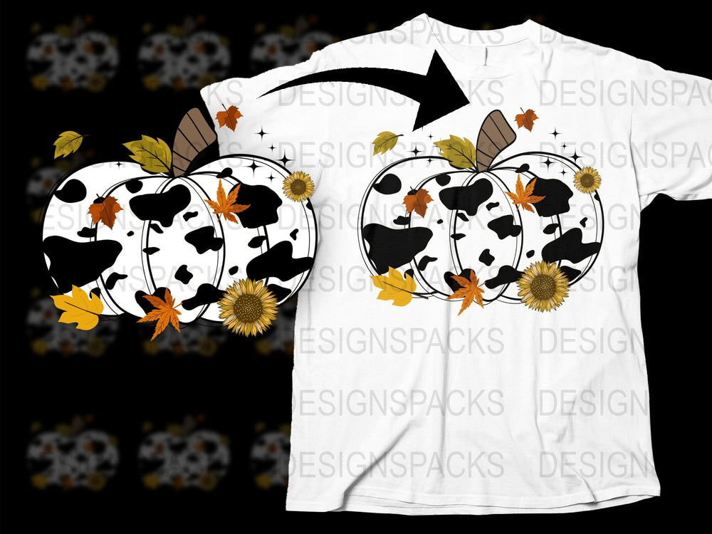 Cow Print Pumpkin Graphic T-Shirt, Autumn Leaves Design, Fall Season Casual Wear, Unisex Tee
