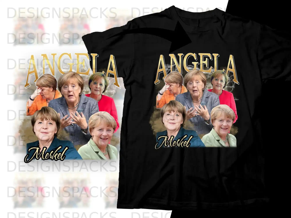 T-shirt with collage of Angela Merkel photos and "Merkel" text.