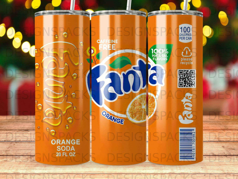 Fanta Orange Soda can with orange slices and "100% Natural Flavors" text.