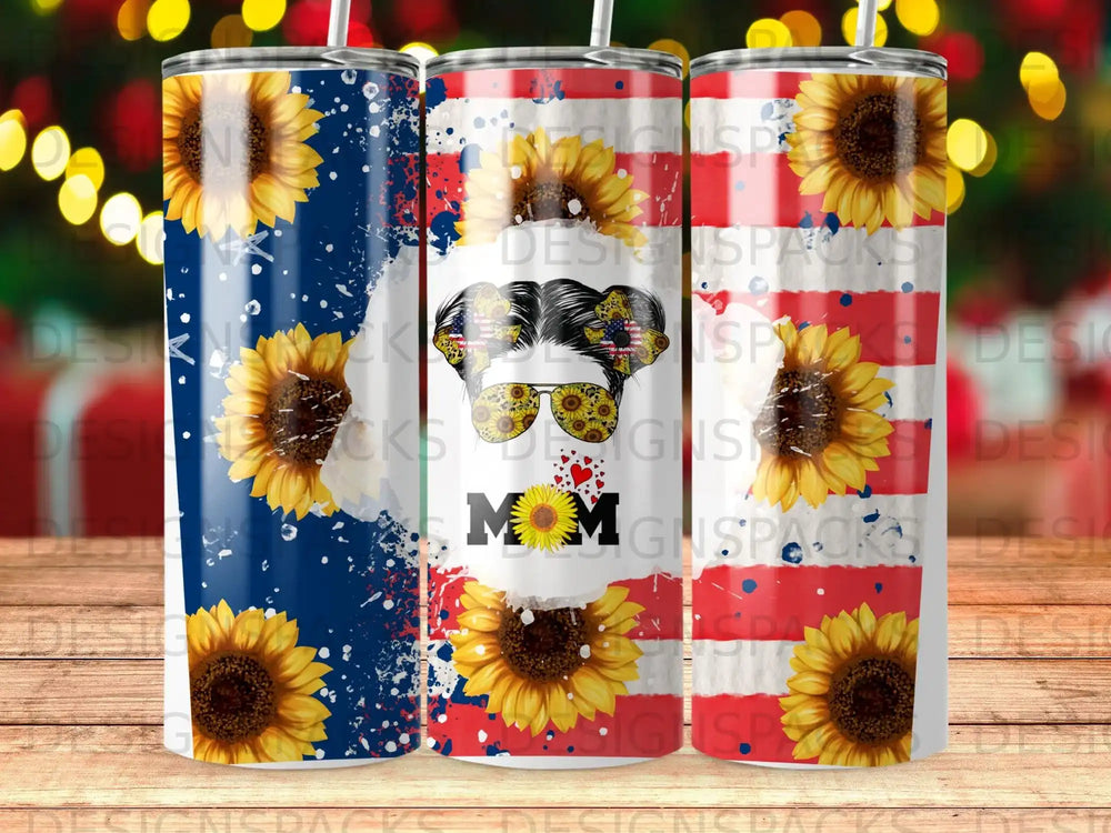 Three tumblers with sunflowers, US flag, and "MOM" graphic.