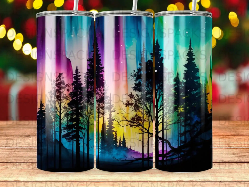 Silhouetted pine trees against a vibrant aurora borealis sky.