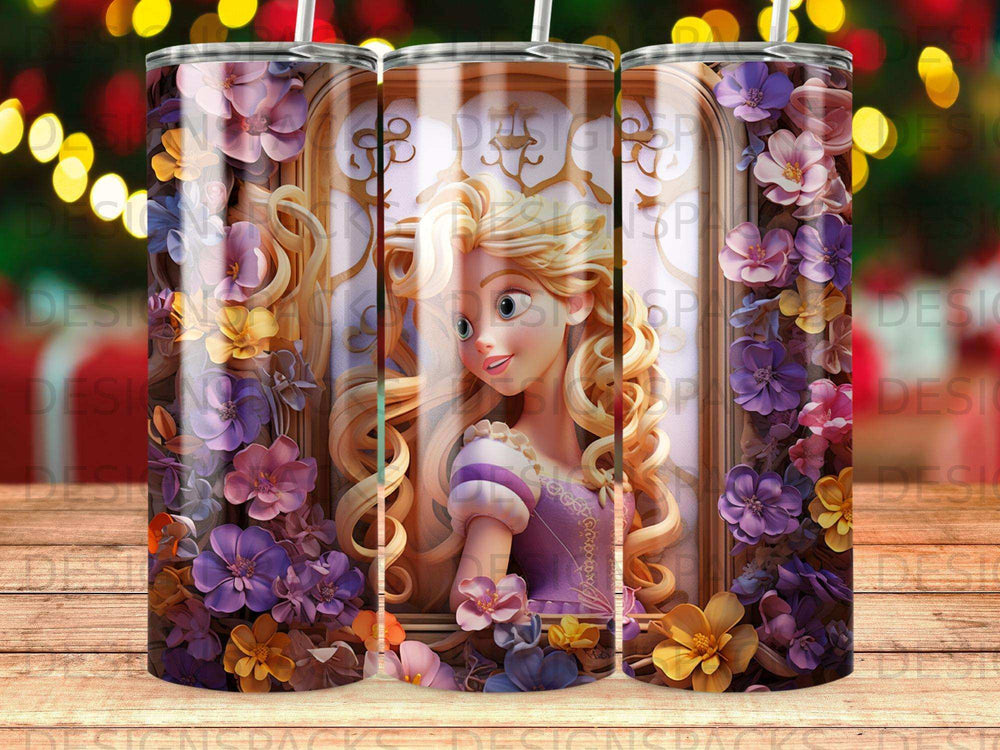 Rapunzel from Tangled surrounded by purple and yellow flowers and ornate gold trim.