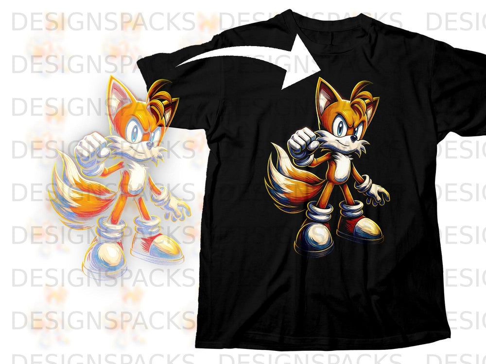 Tails the fox character artwork on a black t-shirt.