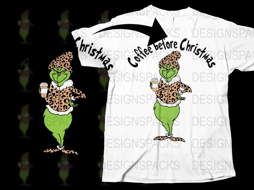 Coffee Before Christmas T-Shirt, Funny Grinch Inspired Leopard Print Holiday Tee, Unisex Christmas Shirt Gift Idea