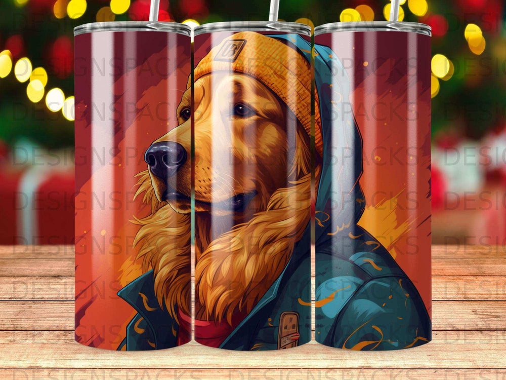 Golden retriever wearing a hat and jacket, digital art, t-shirt design.