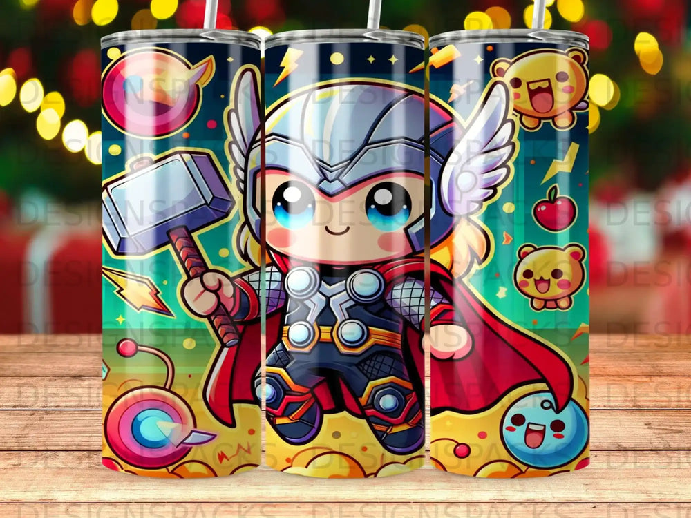 Chibi Thor with Mjolnir, apples, and cute characters on a blue and yellow background.