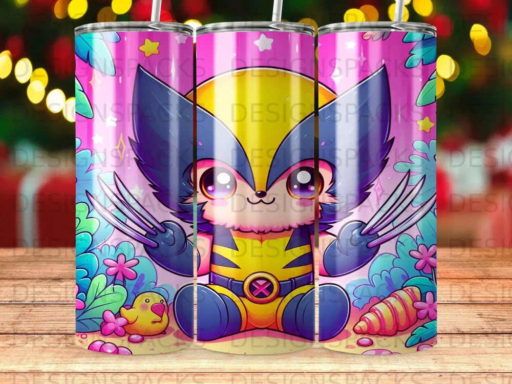 Cute cartoon Wolverine character with claws, wearing a yellow and blue costume.