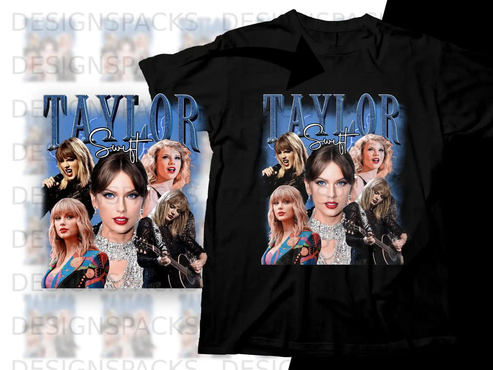 Taylor Swift collage graphic on black t-shirt.