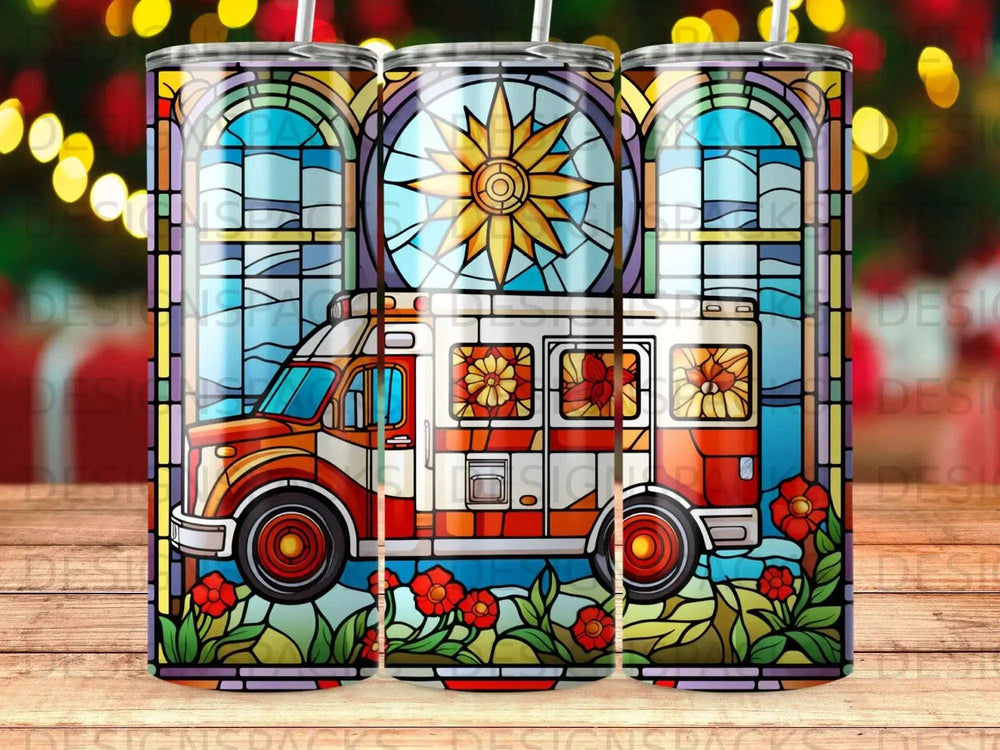 Ambulance stained glass design with floral accents and sunburst detail.