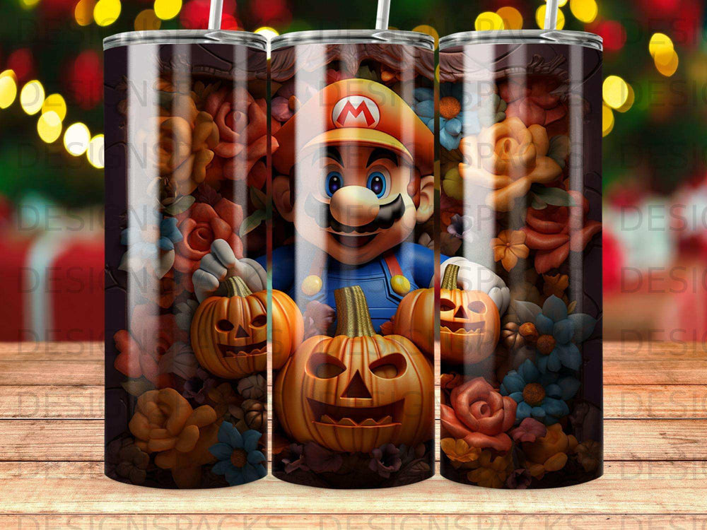 Mario character with pumpkins and flowers on a tumbler.