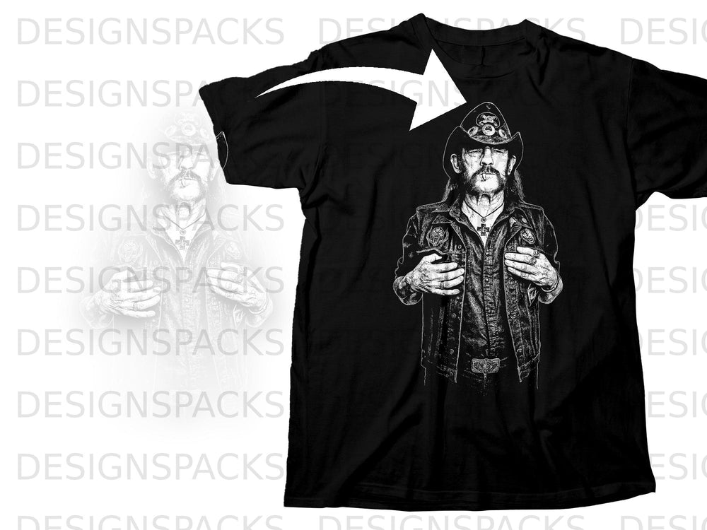 Black t-shirt with graphic of Lemmy Kilmister wearing a cowboy hat.
