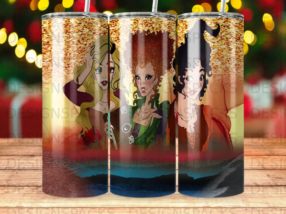Three Sanderson sisters from Hocus Pocus against a sparkly gold background.