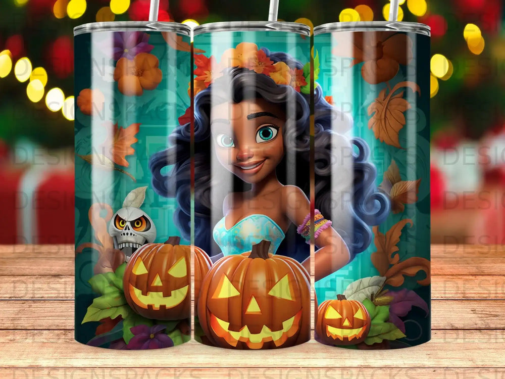 Halloween tumbler with cartoon girl and pumpkins.