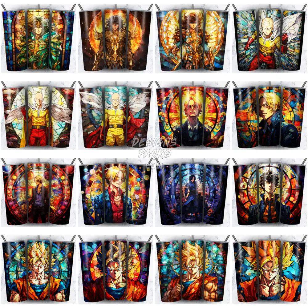 Stained glass anime tumbler designs featuring Goku, Saitama, and other characters for DTF/DTG printing