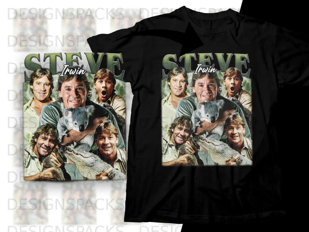 Steve Irwin wearing khaki shirt with koala and crocodile.