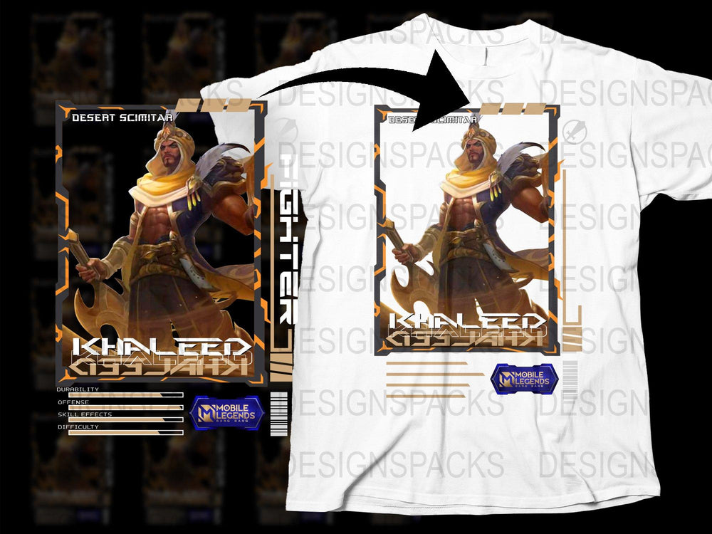 Mobile Legends Khaleed Desert Scimitar Graphic T-Shirt, Cool Gamer Gear, Gaming Apparel, White Tee