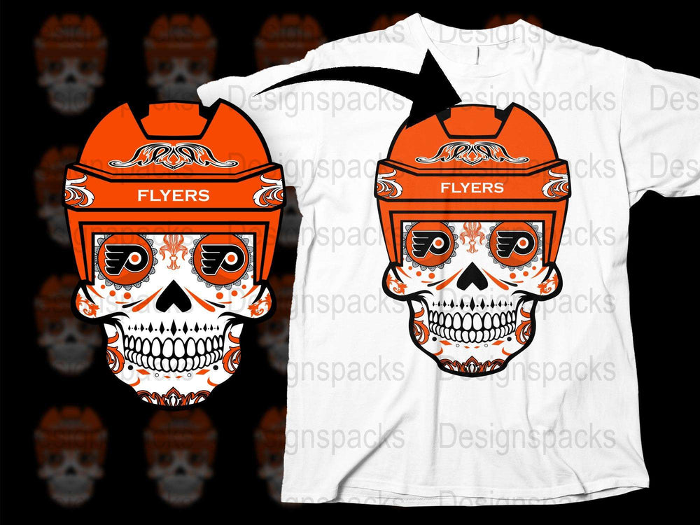 Flyers Skull T-Shirt Orange and White Graphic Tee Halloween Apparel Unique Design Cotton Shirt for Men and Women