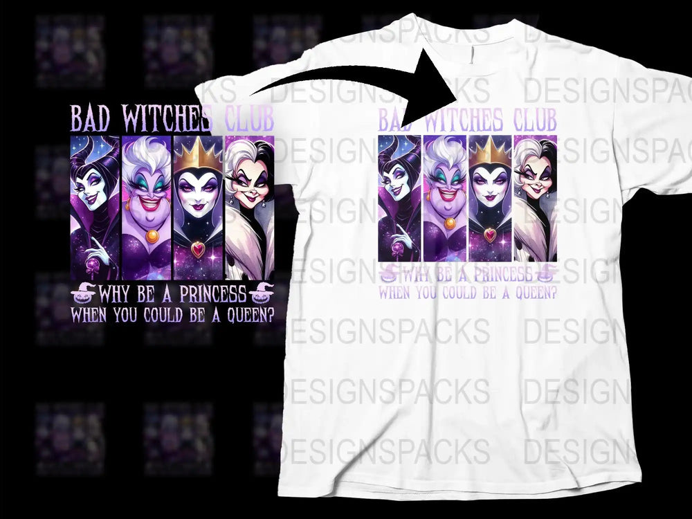 Bad Witches Club T-Shirt, Gothic Queen Witch Graphic Tee, Halloween Villain Costume Top, Women's Unique Fashion Shirt